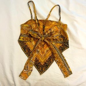Trendy Silky Scarf Top Tie Back Yellow Paisley XS